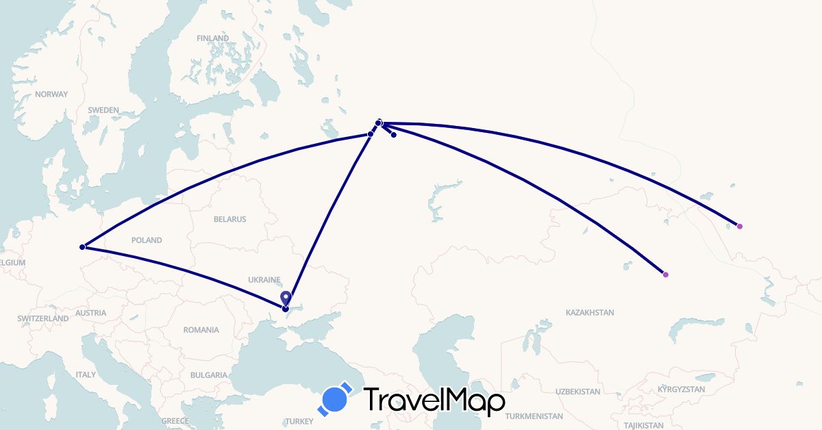 TravelMap itinerary: driving, train in Germany, Kazakhstan, Russia, Ukraine (Asia, Europe)